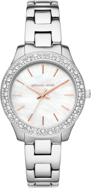 Michael Kors Liliane Three Hand Mother of Pearl White Dial Silver Steel Strap Watch For Women - MK4556