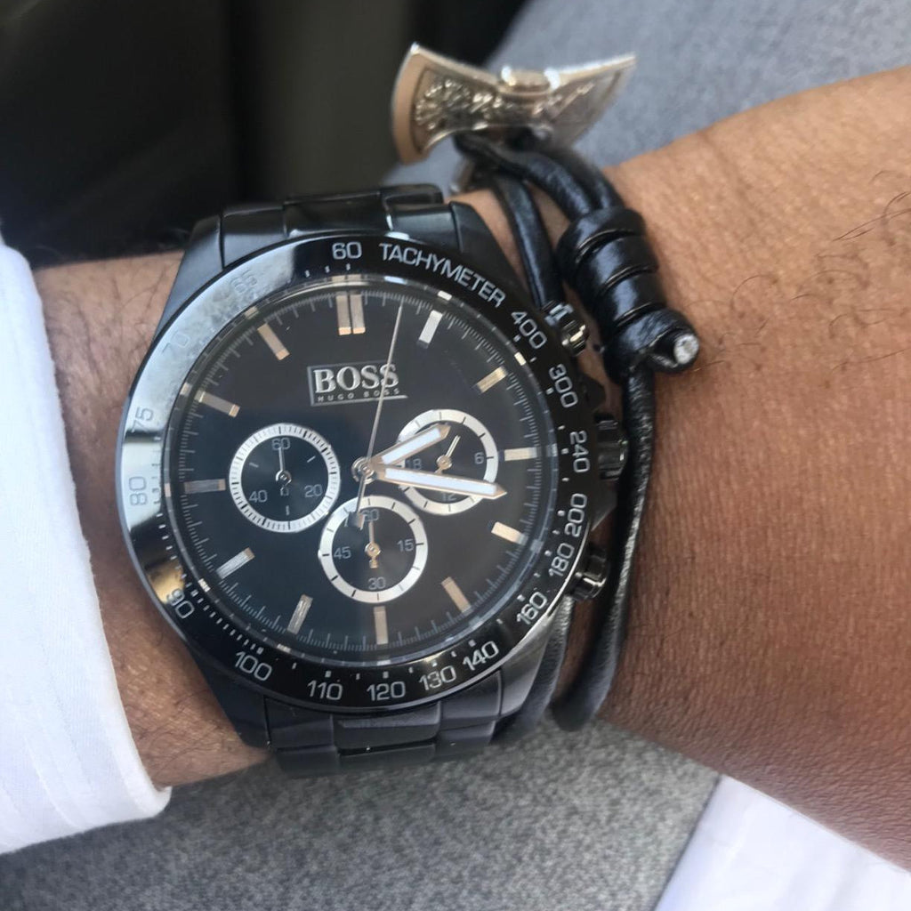 腕時計 hugo boss Hugo Boss Ikon Chronograph Black Dial Silver Steel Strap Watch for Men