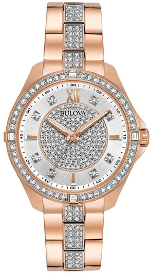 Bulova Crystal Collection Silver Dial Rose Gold Steel Strap Watch for Women - 98L229