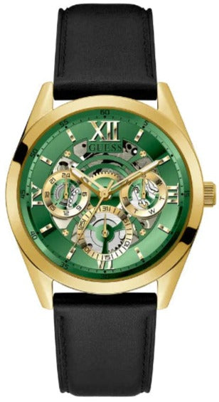 Guess Multifunction Chronograph Green Dial Black Leather Strap
