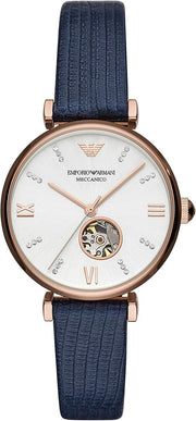 Emporio Armani Meccanico Gianni T-Bar Silver Dial Blue Leather Strap Watch For Women - AR60020