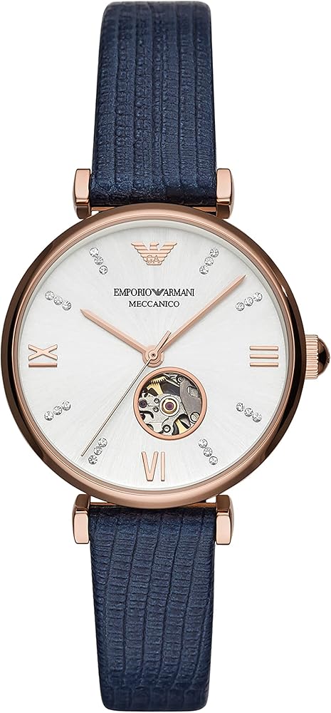 Emporio Armani Meccanico Gianni T-Bar Silver Dial Blue Leather Strap Watch For Women - AR60020