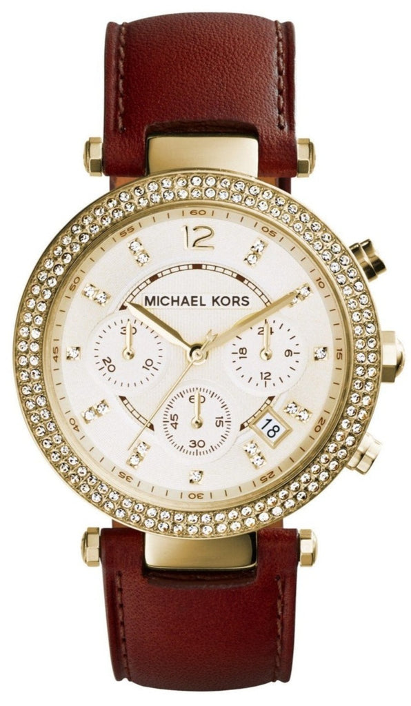 Michael Kors Parker Champagne Gold Dial Brown Leather Strap Watch