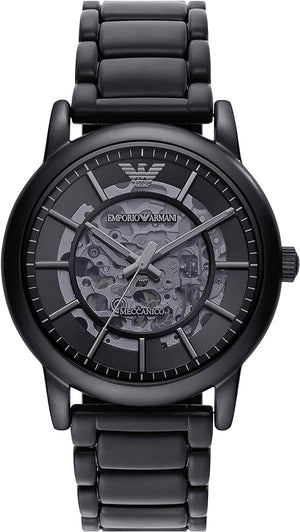 Emporio Armani Meccanico Skeleton Black Dial Black Steel Strap Watch For Men - AR60045