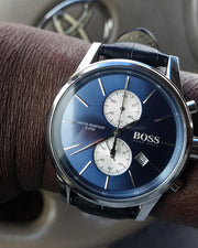 Hugo Boss Jet Chronograph Blue Dial Black Leather Strap Watch for Men - 1513283