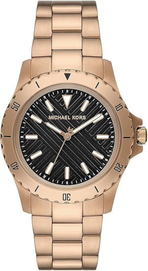 Michael Kors Everest Three Hand Quartz Black Dial Gold Steel Strap Watch For Men - MK9140