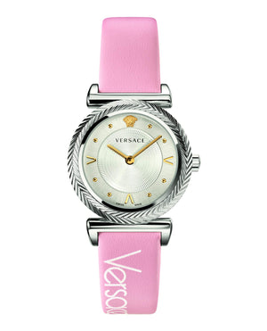 Versace V-Motif Silver Dial Pink Leather Strap Watch for Women - VERE00118