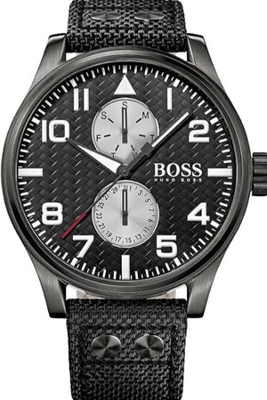 Hugo Boss Aeroliner Chronograph Black Dial Black Leather Strap Watch For Men - 1513086