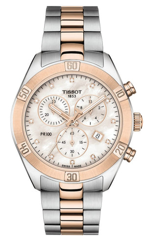 Tissot PR 100 Sport Chic Chronograph Diamonds Mother of Pearl Dial Two Tone Steel Strap Watch for Women - T101.917.22.116.00