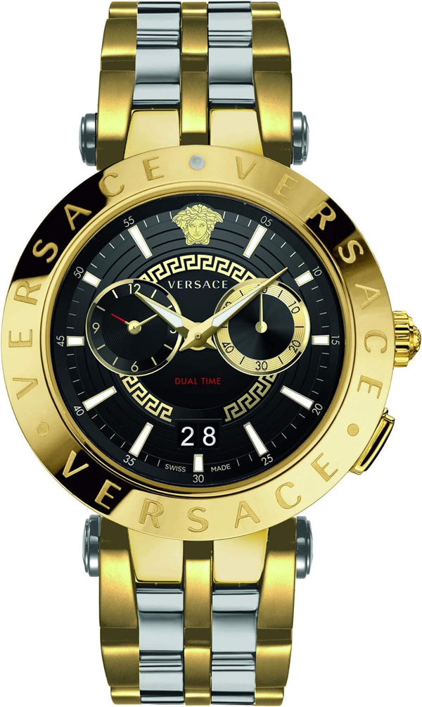 Versace V-Race Quartz Black Dial Gold Steel Strap Watch For Men - VEBV00519