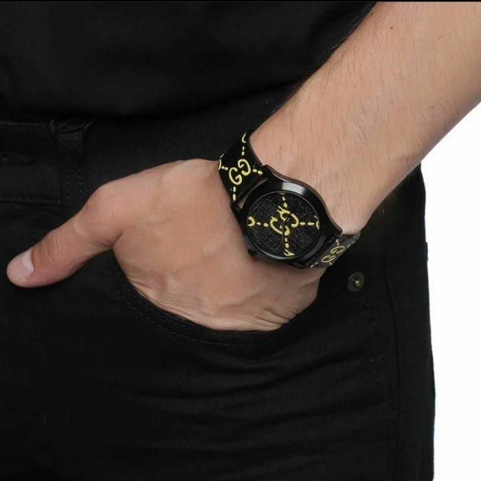Gucci G Timeless Ghost Black Dial Black Leather Strap Watch For Men