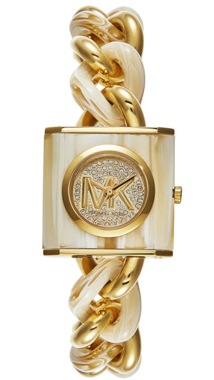 Michael Kors Chain Lock Analog Crystals Silver Dial Gold Steel Strap Watch for Women - MK4809