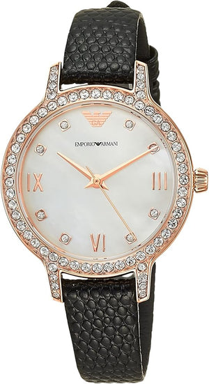 Emporio Armani Cleo Three-Hand Mother of Pearl Dial Black Leather Strap Watch For Women - AR11485