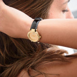 Guess Park Avenue Quartz Gold Dial Black Leather Strap Watch For Women - W0838L1