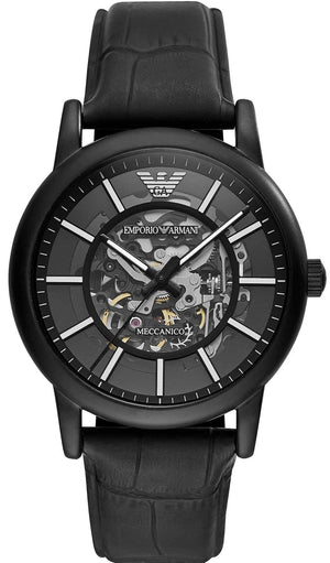 Emporio Armani Meccanico Automatic Skeleton Dial Black Leather Strap Watch For Men - AR60008