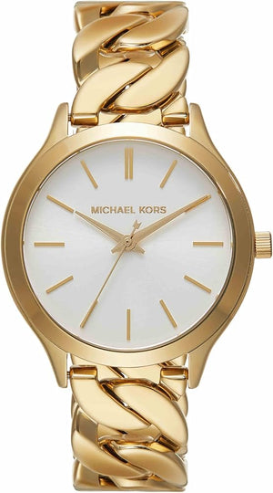 Michael Kors Runway Three-Hand White Dial Gold Steel Strap Watch for Women - MK7472