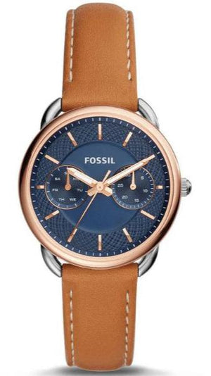 Fossil Tailor Date-Day Quartz Blue Dial Brown Leather Strap Watch for Women - ES4257