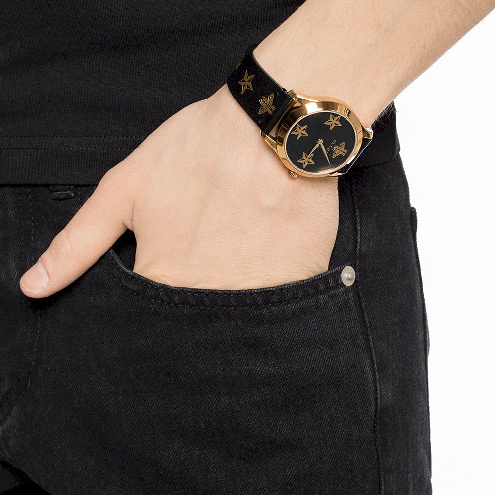 Gucci G Timeless Bee Motif Black Dial Black Leather Strap Watch