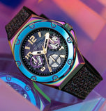 Guess Multifunction Analog Purple Dial Black Rubber Strap Watch For Women - GW0620L4