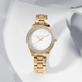 Michael Kors Liliane Mother of Pearl White Dial Gold Steel Strap Watch For Women - MK4555