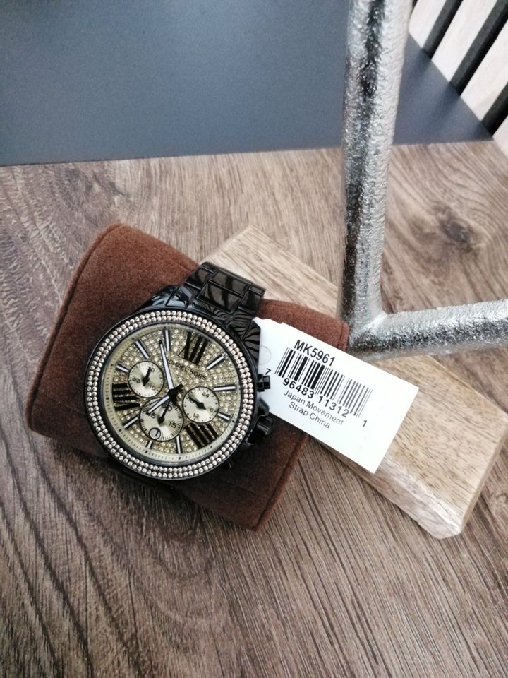 Michael Kors Wren Chronograph Gold Dial Black Steel Strap Watch for Women - MK5961