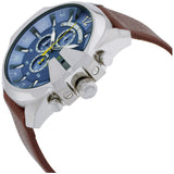 Diesel Mega Chief Chronograph Blue Dial Brown Leather Strap Watch For Men - DZ4281