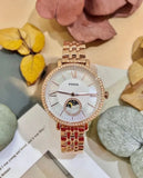 Fossil Jacqueline Analog Moonphase Mother of Pearl White Dial Rose Gold Steel Strap Watch for Women - ES5165