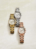 Guess Mini Sunrise Diamonds Silver Dial Gold Steel Strap Watch for Women - W0623L3