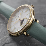 Fossil Jacqueline Analog Moonphase Mother of Pearl White Dial Green Leather Strap Watch for Women - ES5168