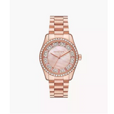 Michael Kors Lexington Three Hand Mother of Pearl Pink Dial Rose Gold Steel Strap Watch For Women - MK7444