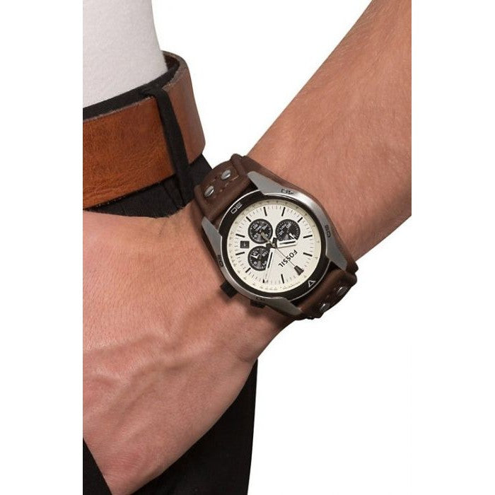 Watch Men Strap Chronograph Coachman Brown Dial White Fossil for Leather
