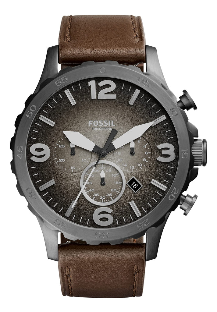 Fossil Nate Chronograph Jam Tangan Tali Kulit Coklat Dial Abu-abu