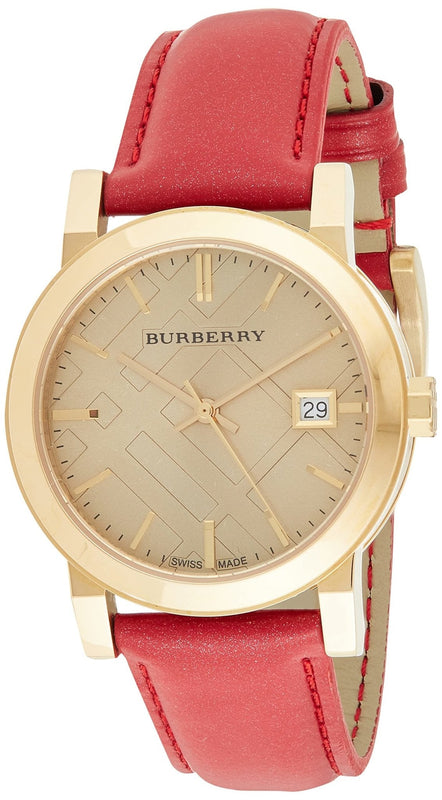 Burberry The City Gold Dial Red Leather Strap Watch for Women display picture 3