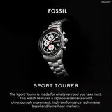 Fossil Sport Tourer Chronograph Black Dial Silver Steel Strap Watch for Men - FS6045