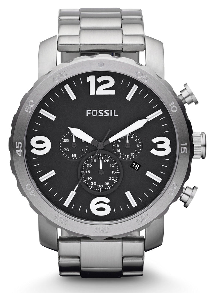 Fossil Nate Chronograph Black Dial Silver Steel Strap Watch for Men