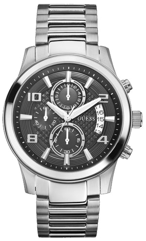 Guess Exec Chronograph Quartz Black Dial Silver Steel Strap Watch For Men - W0075G1