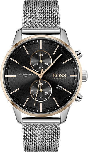 Hugo Boss Associate Black Dial Silver Mesh Bracelet Watch for Men - 1513805