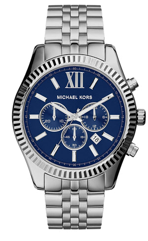 Michael Kors Lexington Chronograph Blue Dial Silver Steel Strap Watch for Men - MK8280