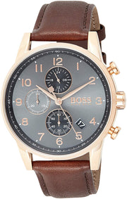 Hugo Boss Navigator Chronograph Grey Dial Brown Leather Strap Watch for Men - 1513496