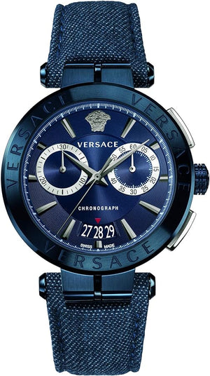 Versace Aion Chronograph Blue Dial Blue Leather Strap Watch for Men - VBR070017