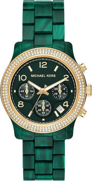 Michael Kors Runway Chronograph Green Dial Green Steel Strap Watch for Women - MK7422