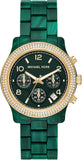 Michael Kors Runway Chronograph Green Dial Green Steel Strap Watch for Women - MK7422