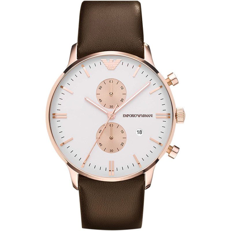 Emporio Armani Gianni Classic Chronograph White Dial Brown Leather