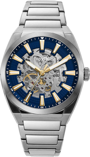 Fossil Everett Automatic Skeleton Blue Dial Silver Steel Strap Watch for Men - ME3220