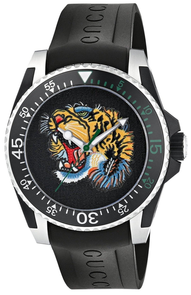 Gucci Dive Tiger Black Dial Black Rubber Strap Watch For Men