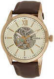 Fossil Flynn Mechanical Skeleton Champagne Dial Brown Leather Strap Watch for Men - BQ2215
