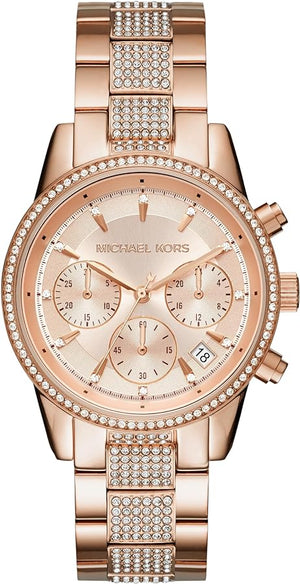 Michael Kors Ritz Chronograph Rose Gold Dial Rose Gold Steel Strap Watch For Women - MK6485