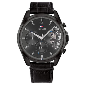 Tommy Hilfiger Baker Chronograph Black Dial Black Leather Strap Watch For Men  - 1710452