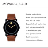 Movado Bold Black Dial Brown Leather Strap Watch For Men - 3600305