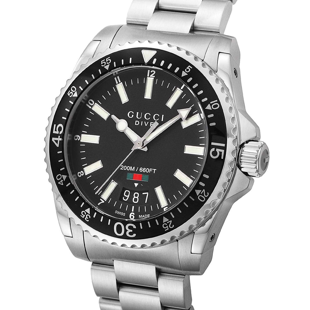 Gucci Dive Quartz Black Dial Silver Steel Strap Watch For Men